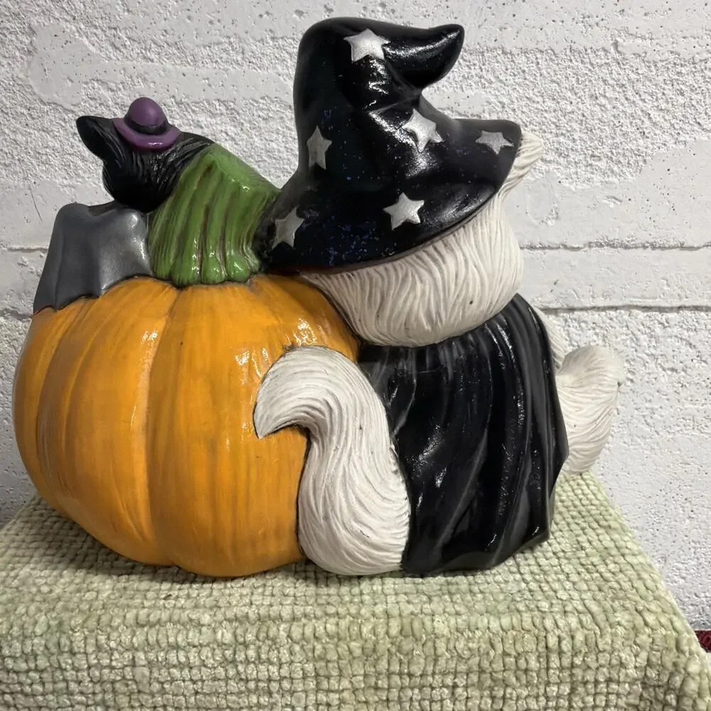 Vtg Signed Ceramic Cat Pumpkin Decor w/ Witch Hat Spider Bat Hand Painted